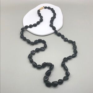 Vintage artisan black stone gemstone single strand beaded necklace long